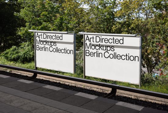 Art Directed Mockups Berlin Collection displayed on signboards at a train station. Perfect for designers seeking high-quality, realistic mockups in urban settings.