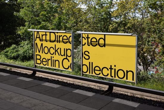 Yellow outdoor billboard designed for mockups in the Berlin collection showcasing bold black typography against a natural background ideal for designers.