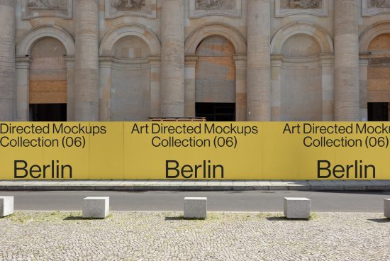 Berlin Art Directed Mockups Collection 06 displayed on a yellow background with classic architectural pillars in the backdrop ideal for design templates.