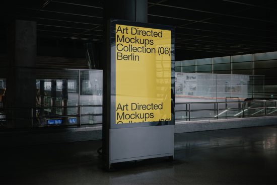 Street advertising mockup showcasing a large vertical billboard with a yellow background text in a modern indoor setting perfect for graphic designers templates.