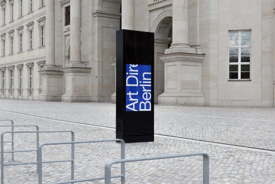 Digital mockup of street advertisement in Berlin, featuring modern design with architectural backdrop. Ideal for showcasing branding and signage designs.