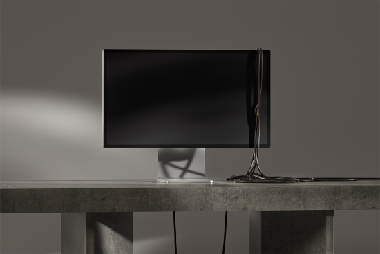 Minimalist computer monitor mockup on concrete desk with cables, perfect for showcasing digital designs, template displays, and UI/UX projects for designers
