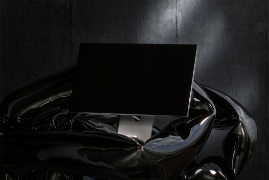 Desktop computer screen mockup in a dark, modern setting with glossy black sculpture surrounding it. Ideal for showcasing designs, mockups, and templates.