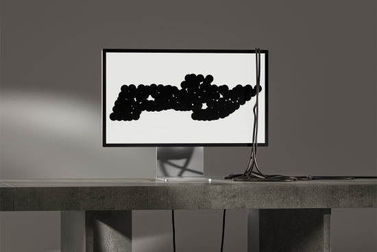 Realistic computer monitor mockup on a concrete desk, dark background, ideal for showcasing digital designs. Mockup resources for designers.