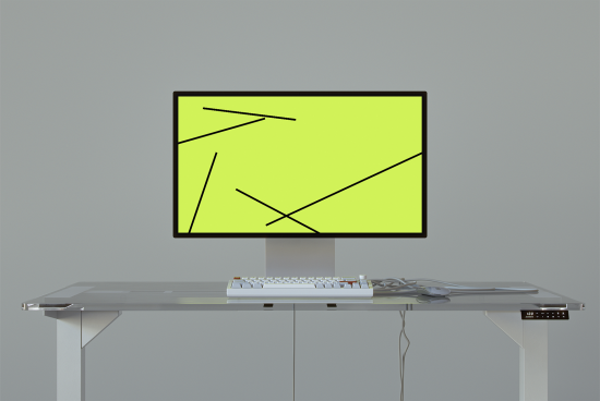 Modern workspace mockup with a sleek computer monitor displaying abstract lines on a yellow screen, accompanied by a keyboard and mouse on a glass desk.