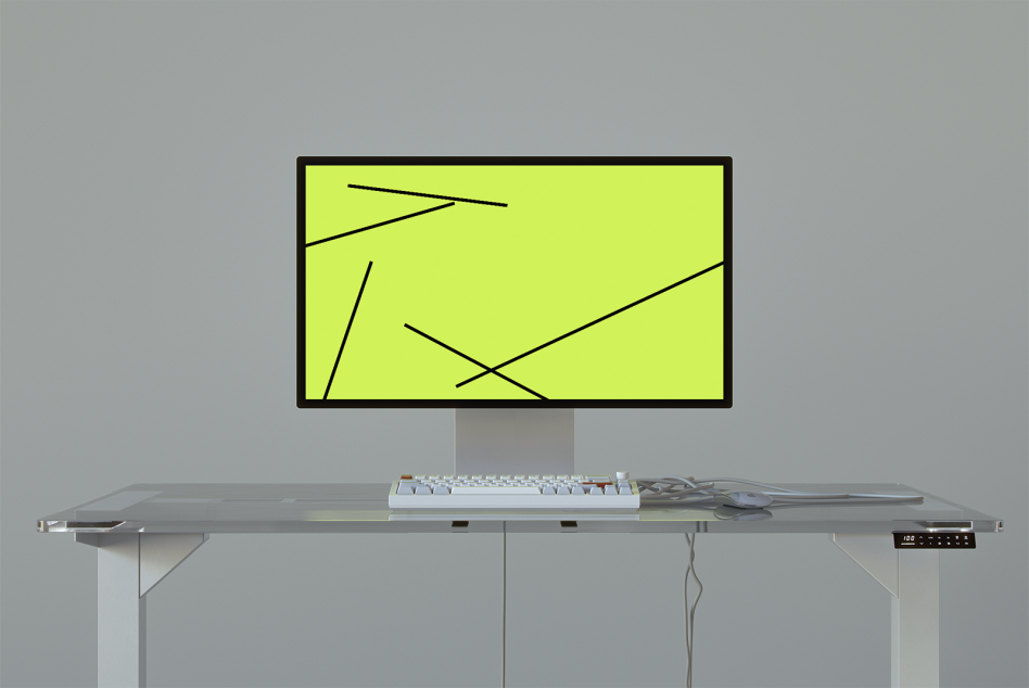 Modern workspace mockup with a sleek computer monitor displaying abstract lines on a yellow screen, accompanied by a keyboard and mouse on a glass desk.