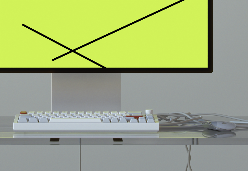 Modern computer mockup with minimalist yellow screen, white keyboard, and mouse on a sleek glass desk. Perfect for website design presentations and templates.