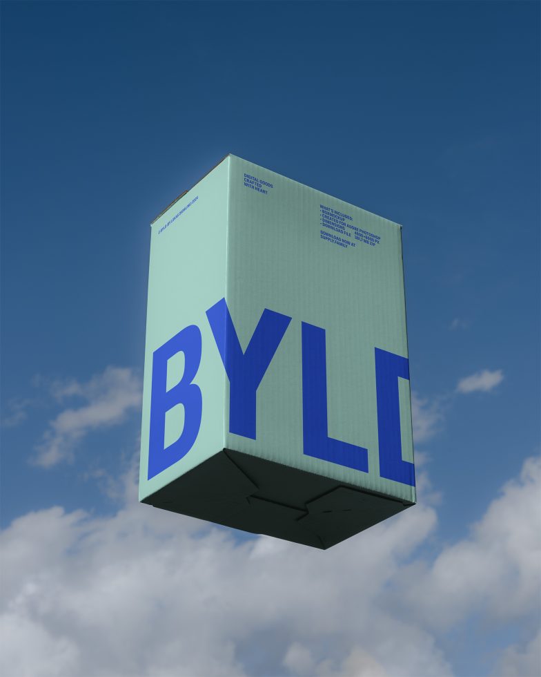 3D floating cube with blue text mockup design against a sky backdrop, ideal for branding presentations and graphic design visuals.