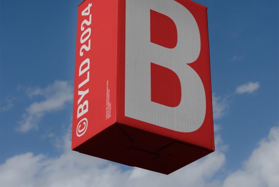 3D red cube mockup with bold 'B' letter graphic design suspended against a blue sky with clouds, ideal for branding and logo presentations.