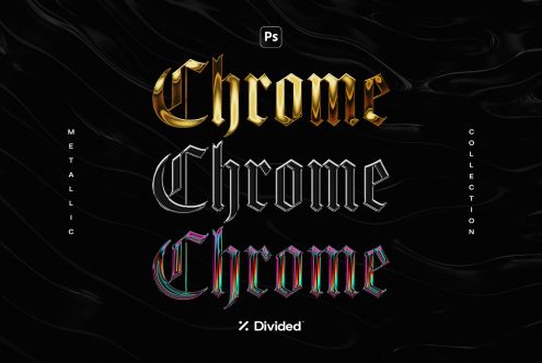 Metallic chrome text effect collection for Photoshop. Includes gold, silver, and multicolor designs. Ideal for graphic design, mockups, logos, and templates.