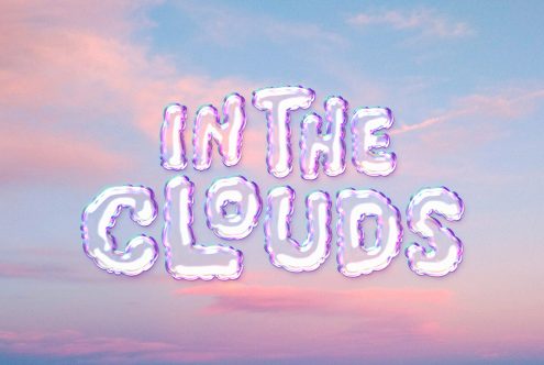 3D cloud text effect saying In The Clouds over a pastel sky background perfect for designers seeking unique whimsical fonts typography graphic design assets