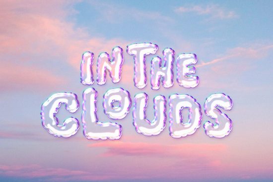 3D cloud text effect saying In The Clouds over a pastel sky background perfect for designers seeking unique whimsical fonts typography graphic design assets