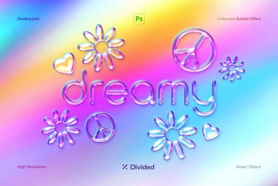 Iridescent bubble effect PSD mockup featuring flowers hearts and peace symbols with dreamy text on a colorful gradient background ideal for designers high-resolution