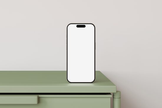Smartphone mockup with blank screen on a green table minimalist design mockup template for designers digital assets clean workspace tech mockup.