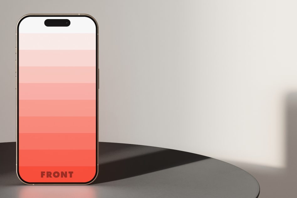 iPhone 14 Pro Max mockup in a gradient pink background on a grey round table. Perfect for designers to showcase UI, apps, graphics, and templates.