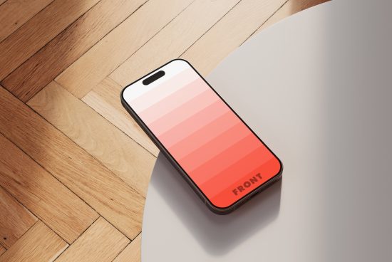 Smartphone mockup with a gradient screen on wooden floor minimalistic scene. Perfect for showcasing app design UI templates. High resolution graphic for designers