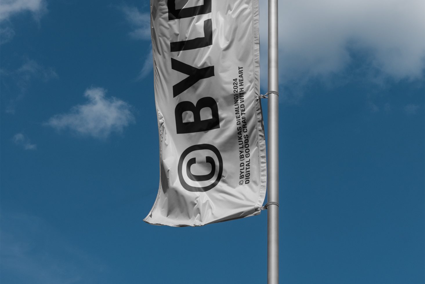 Vertical flag mockup waving in the sky ideal for designers showcasing branding logos text or graphics download PSD template for realistic presentations