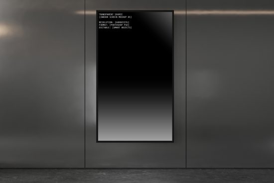 Indoor screen mockup in hallway with gray metal walls. Ideal for showcasing digital signage designs. High-resolution PSD file, smart object editable.