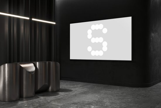 Modern industrial interior mockup with illuminated signage, sleek metal reception desk, and minimalist dark walls. Perfect for designers, mockup, industrial design.