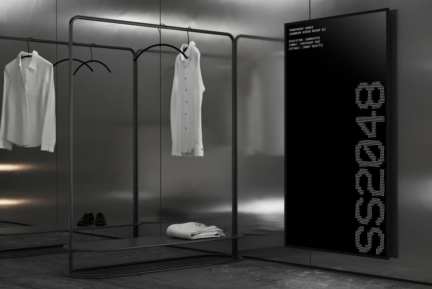 Minimalist showroom scene mockup showing clothing rack with white shirts, folded fabric on shelf, black display screen; ideal for designers creating graphics.