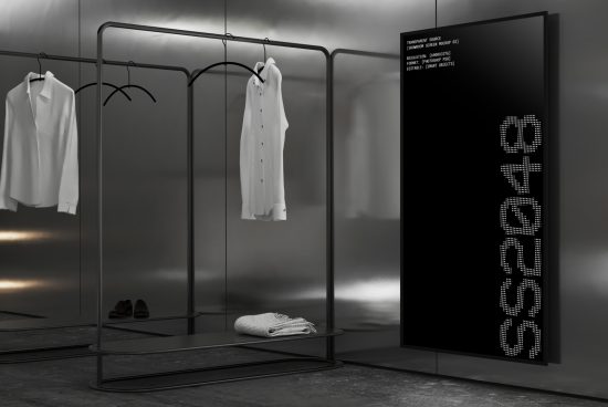 Minimalist showroom scene mockup showing clothing rack with white shirts, folded fabric on shelf, black display screen; ideal for designers creating graphics.