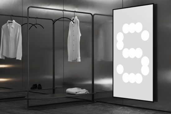 Modern minimalist wardrobe mockup with hanging white shirts and framed art. Use for interior design, fashion retail, clothing, templates, graphics.