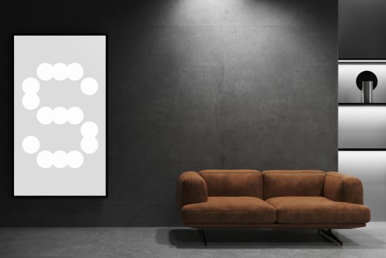 Modern interior mockup with brown couch, framed graphic on a concrete wall, minimalist design ideal for showcasing templates, mockups, and graphics.
