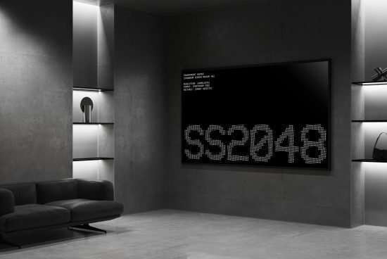 Modern indoor scene featuring a large screen mockup with SS2048 text. Grey minimalistic design, black leather couch. Suitable for templates, mockups, designers.
