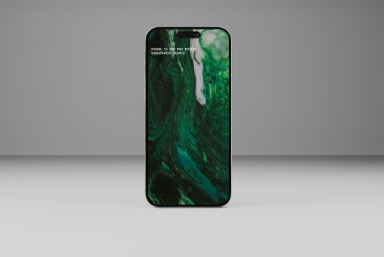 iPhone 15 Pro Max mockup featuring a vivid green abstract background. Perfect for showcasing app designs or wallpapers. Download for designers in Mockups.