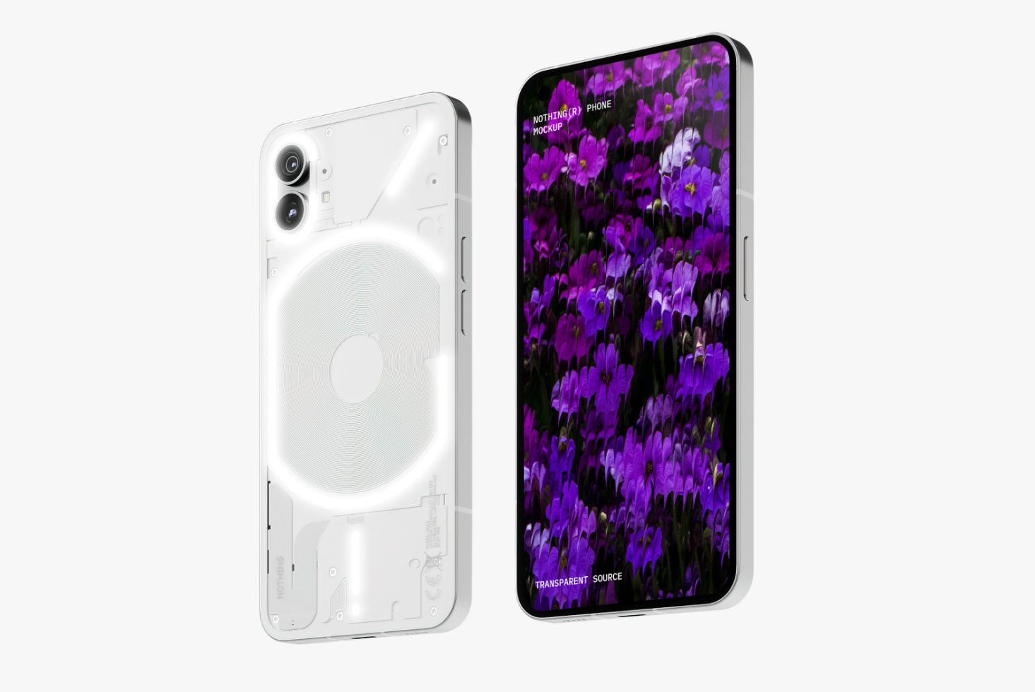 Mockup of modern transparent smartphone front and back view with vibrant purple flower wallpaper. Digital asset for designers. Ideal for templates, graphic designs.