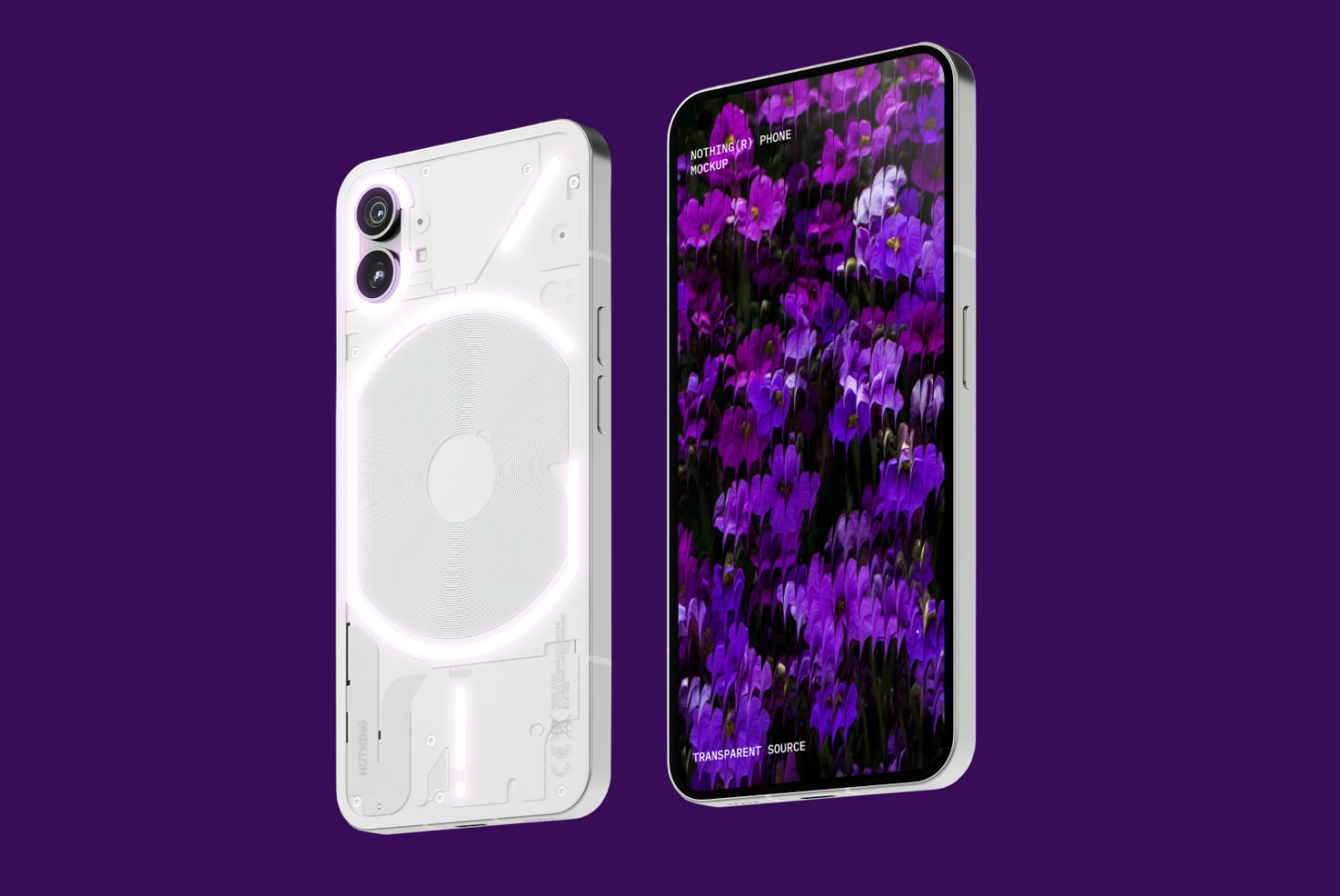 Mockup of a modern smartphone featuring a transparent back with LED lights and a vibrant floral display on the screen, perfect for designers.