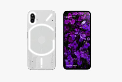 Smartphone mockup showcasing front and back views. Transparent back with illuminated components and vibrant floral display on the screen. Ideal for designers.