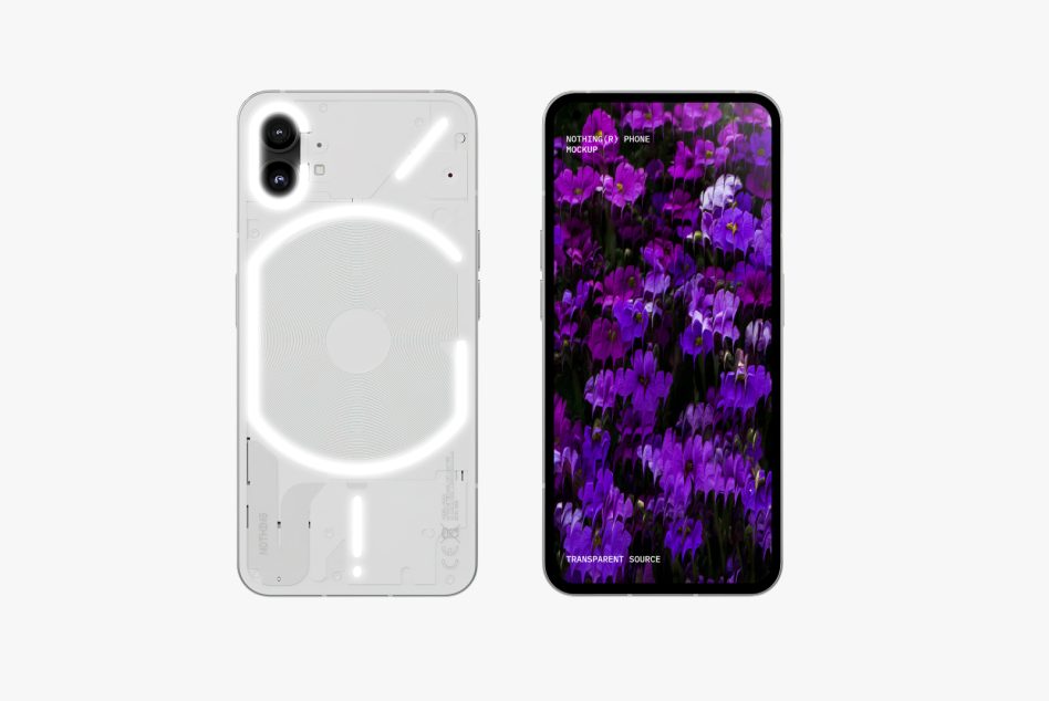 White phone mockup with magnetic ring next to phone showing purple flowers