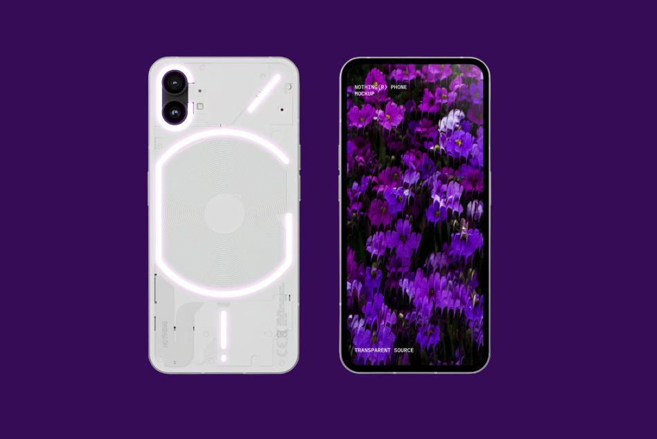 Two phone mockups side by side: white device with glowing circle, purple flower screen on right