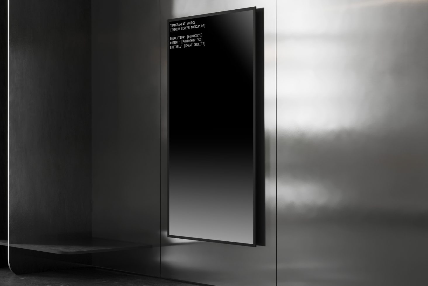 Indoor screen mockup in a modern metallic space. Ideal for showcasing digital designs and templates. Keywords: mockup, screen, metallic, modern, indoor.