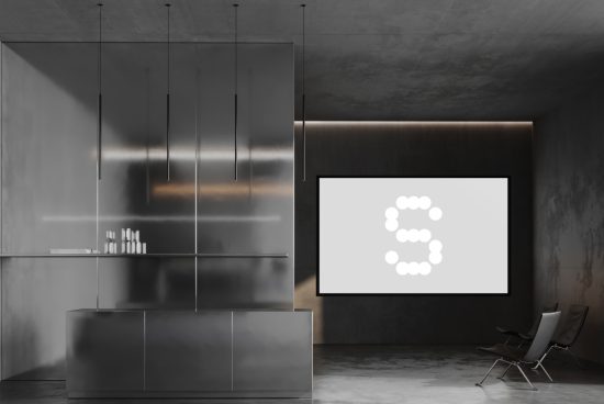 Modern minimalist mockup showcasing a sleek metal reception area with pendant lighting and a large backlit display screen ideal for design templates.