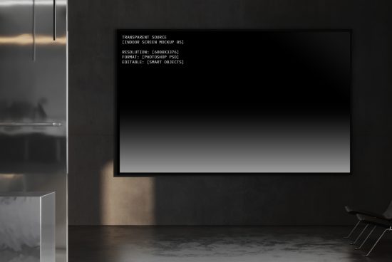 Indoor screen mockup with a blank display, high resolution, suitable for designers, Photoshop PSD, editable smart objects, modern workspace setting.