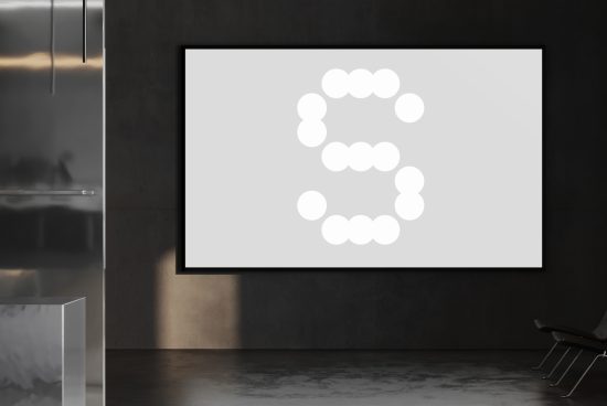 Large monitor screen displaying number five in a futuristic dot matrix style, modern office interior, steel accents, dark theme, design template mockup