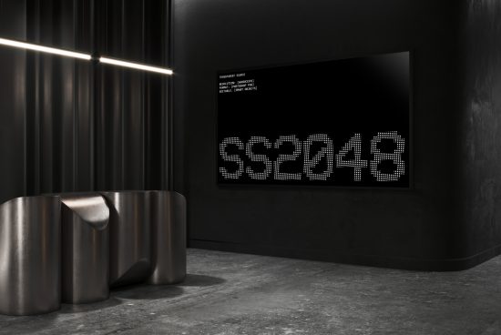 Modern interior with metallic furniture and a digital screen displaying SS2048 in pixelated font. Ideal for mockups and graphics on designer platforms.