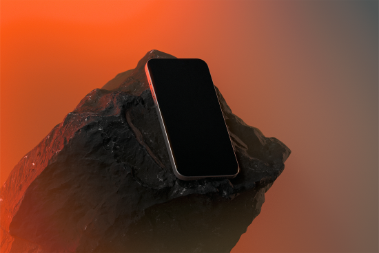 Smartphone mockup featuring a sleek black phone resting on a rugged rock with a vibrant orange background. Ideal for showcasing UI/UX designs.
