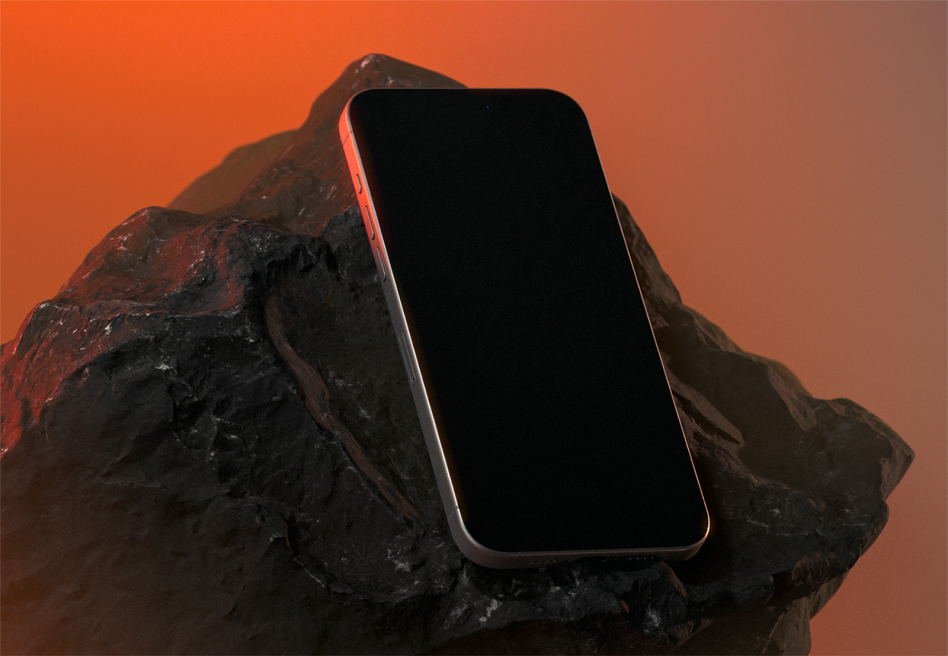 Smartphone screen mockup on rock with orange gradient background perfect for showcasing mobile app designs or UX/UI projects digital asset for designers.