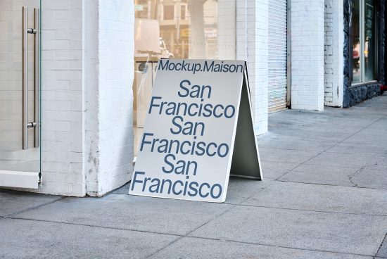 Urban signboard mockup with San Francisco text, positioned on a sidewalk, ideal for designers to display branding graphics.