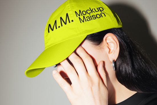 Woman wearing vibrant green cap mockup with customizable logo, ideal for fashion branding design graphics.