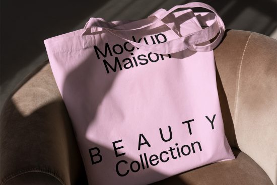 Pink tote bag with bold black text Mockup Maison Beauty Collection on a beige chair showcasing a mockup for designers. Keywords: mockup, tote bag, design, template.