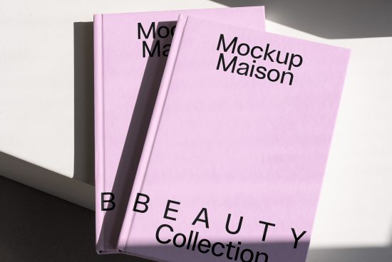 Two pink hardcover book mockups titled Mockup Maison for beauty collection. Ideal for designers seeking high-quality print templates. Keywords: mockups, templates, print.