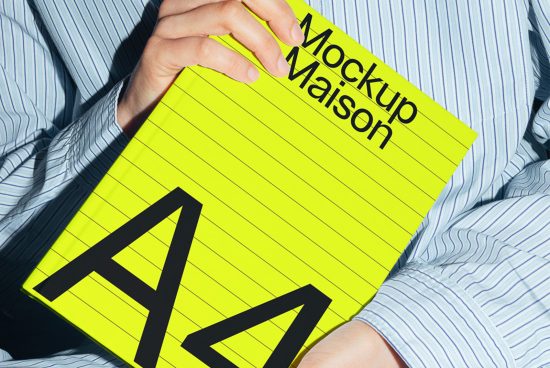 Person holding a bright yellow magazine mockup with bold typography, ideal for editorial design presentations and modern graphic design mockups.
