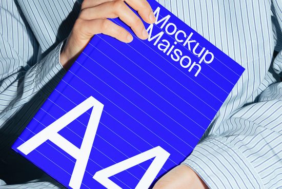 Person holding blue magazine mockup with large white letter A, striped shirt, design presentation, print template, creative mockup.