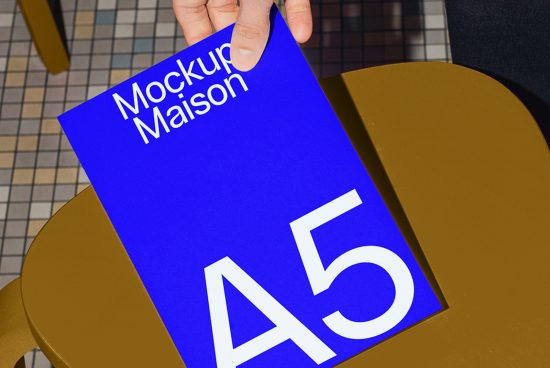 Person holding A5 flyer mockup with bold typography in designed interior setting, ideal for showcasing custom graphics and fonts.