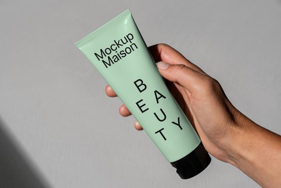 Hand holding a mint green beauty tube mockup with the text Mockup Maison Beauty, perfect for designers seeking beauty packaging mockups for branding.