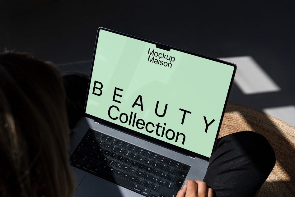 Designer Mockup Maison Beauty Collection displayed on a laptop screen in a minimalistic setting for graphic design templates and digital resources.